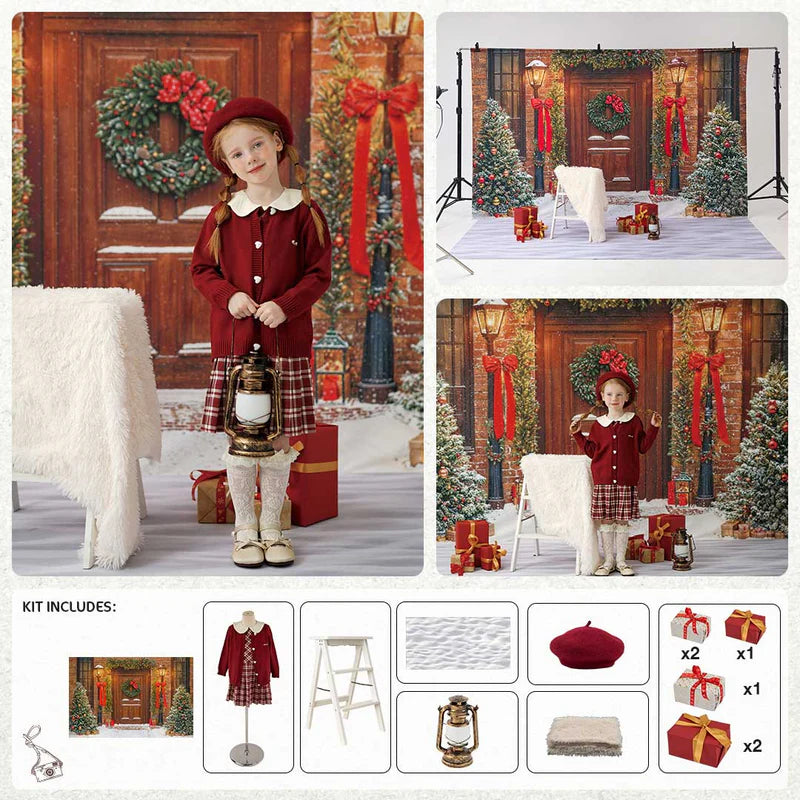 Kate Winter Christmas Tree Red Front Wooden Door Wreath Photo Kit - Kate Backdrop AU