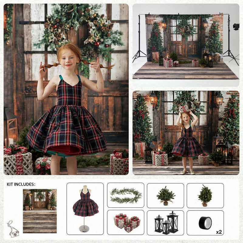 Kate Winter Christmas Tree Lantern Wooden Door Photo Kit - Kate Backdrop AU