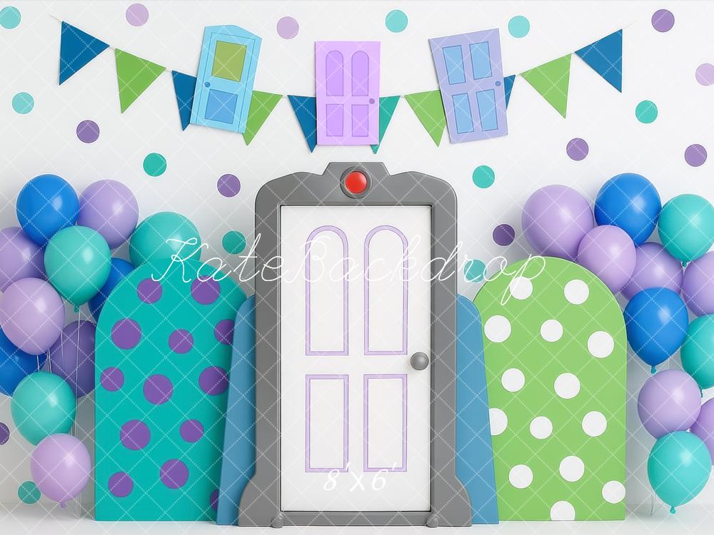 Kate Cartoon Doors Bunting Balloons Polka Dots Backdrop Designed by Mini MakeBelieve