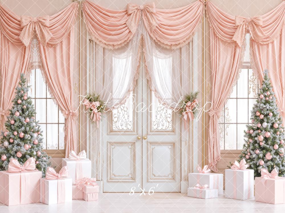 Kate Christmas Pink Curtains Presents Trees Backdrop Designed by Emetselch - Kate Backdrop AU