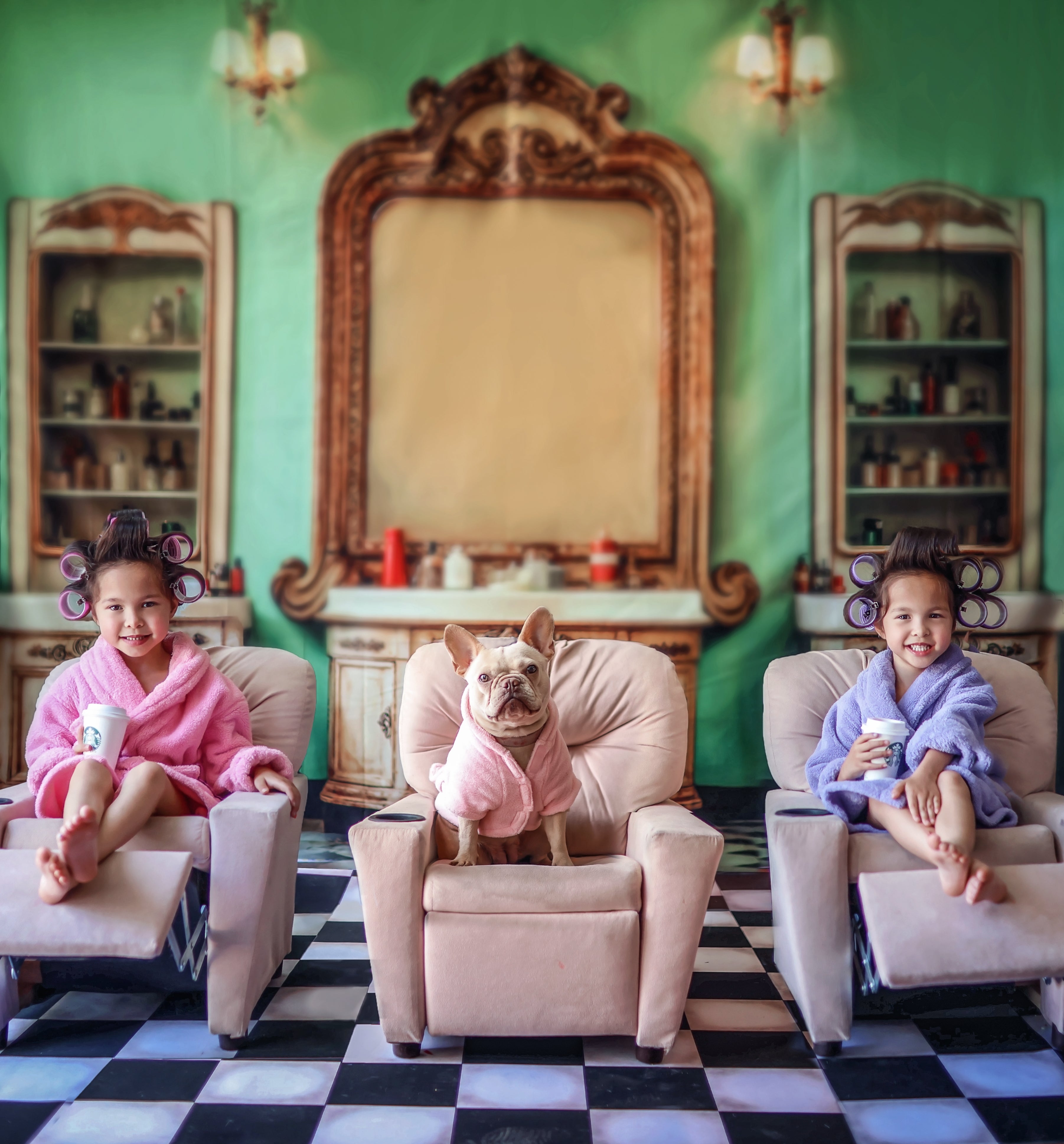 Kate Indoor Retro Beauty Shop Green Strips Wall Backdrop Designed by Emetselch - Kate Backdrop AU