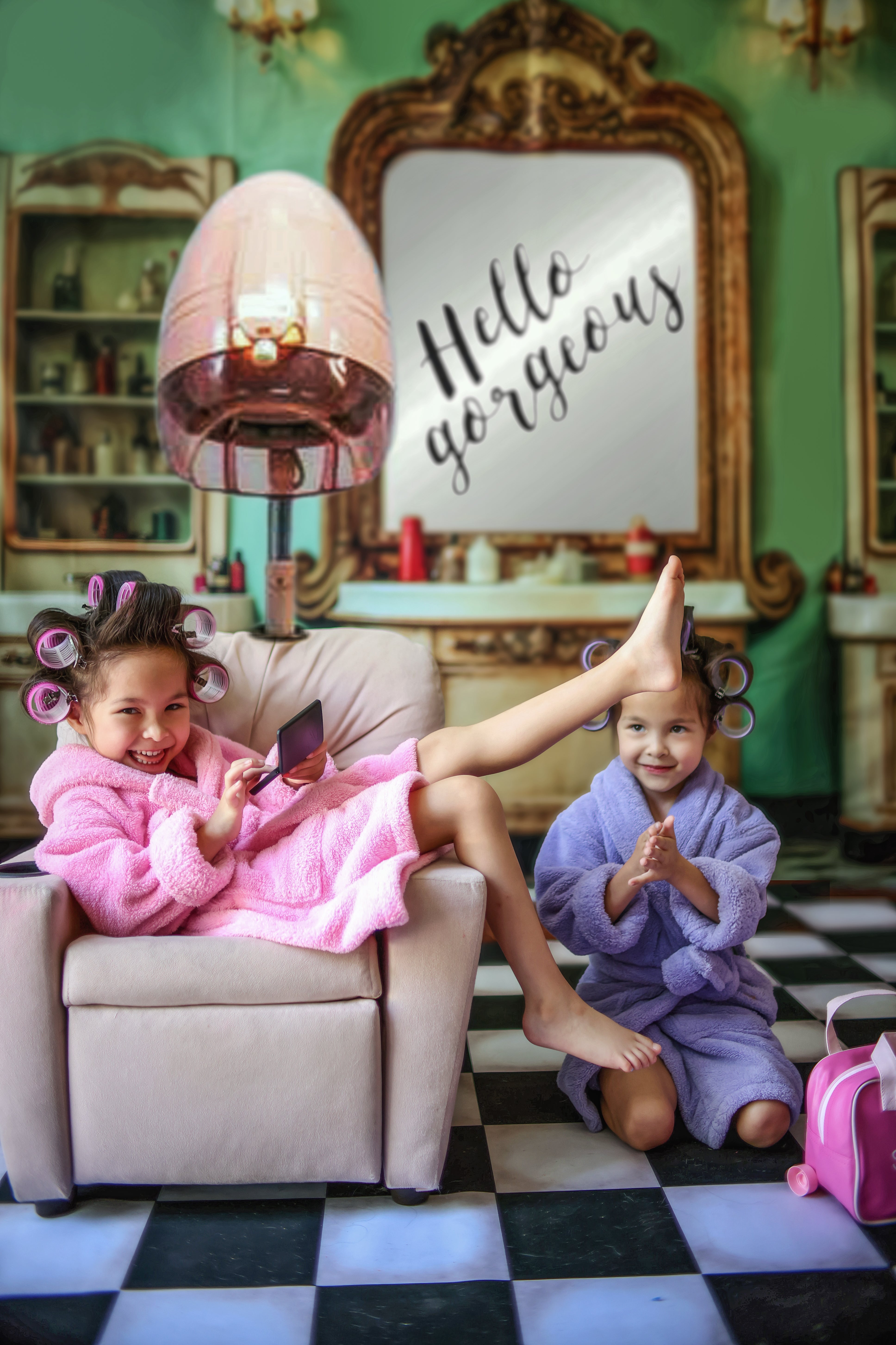 Kate Indoor Retro Beauty Shop Green Strips Wall Backdrop Designed by Emetselch - Kate Backdrop AU