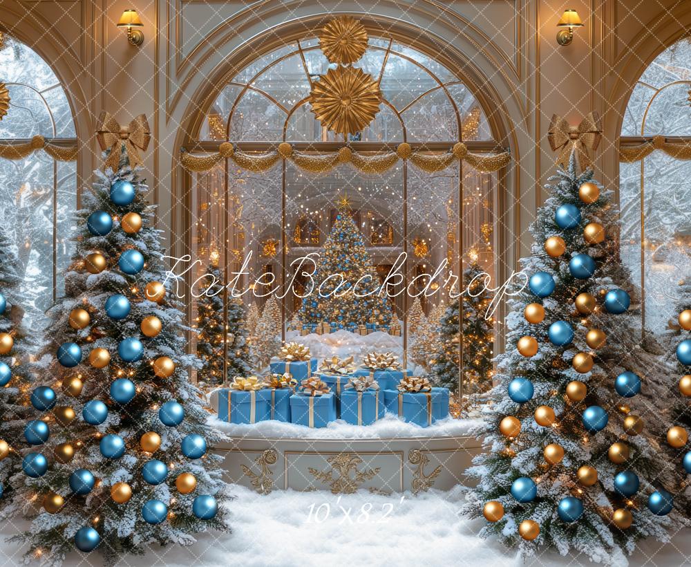 Kate Christmas Blue Gold Ornaments Snowy Trees Backdrop Designed by Mini MakeBelieve - Kate Backdrop AU