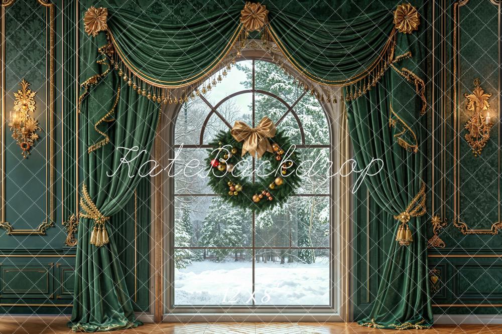 Kate Christmas Wreath Green Curtains Window Fleece Backdrop Designed by Emetselch - Kate Backdrop AU