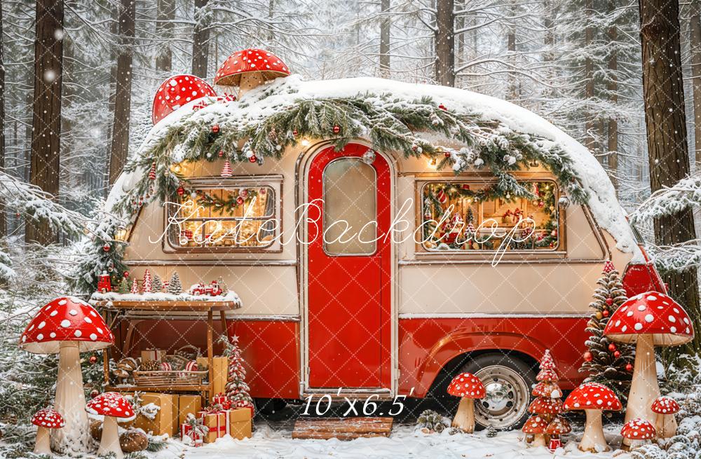 Kate Christmas Caravan Forest Mushrooms Fleece Backdrop Designed by Emetselch - Kate Backdrop AU
