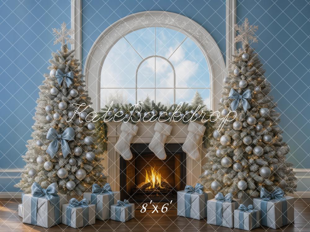Kate Christmas Tree Fireplace Blue Backdrop Designed by Mini MakeBelieve