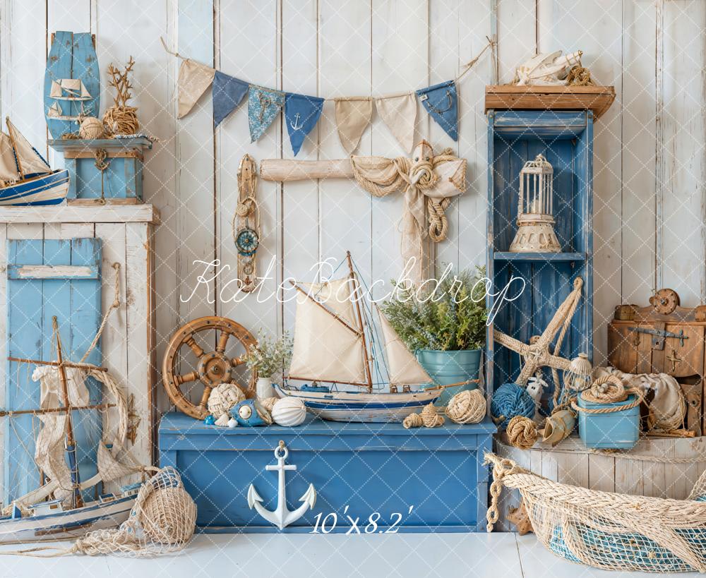 Kate Nautical Blue Sailboats Rope Decor Backdrop Designed by Emetselch