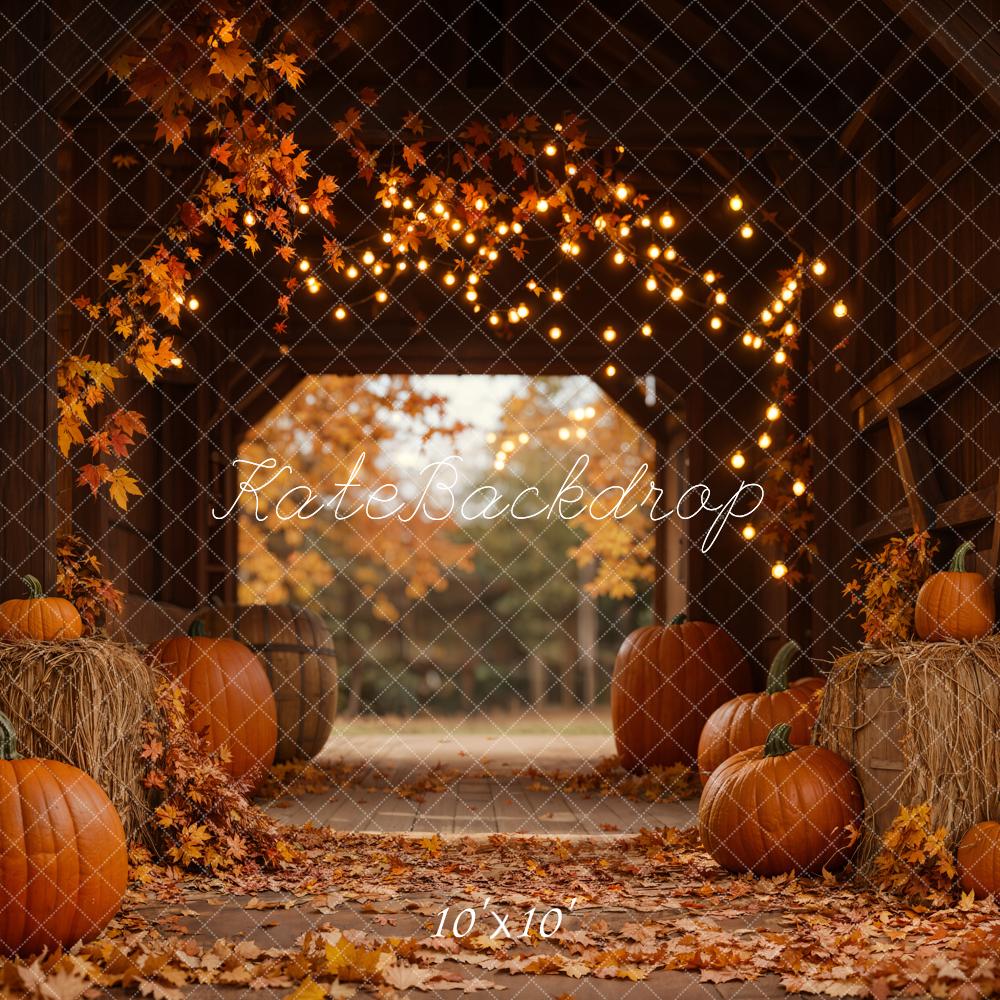 Kate Autumn Pumpkins Hay Barn Lights Backdrop Designed by Emetselch