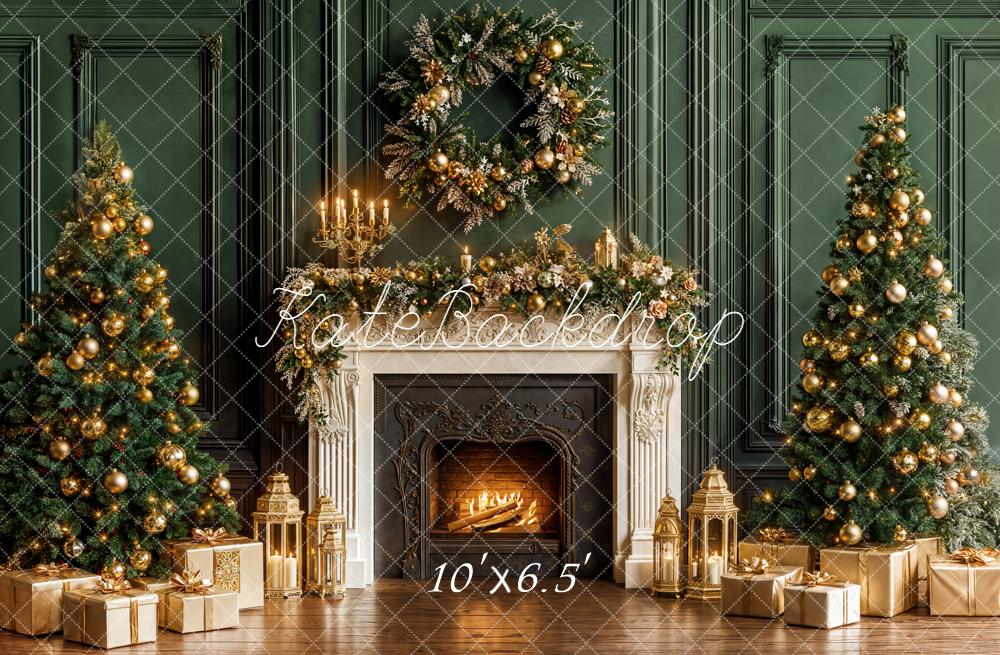 Kate Christmas Trees Fireplace Green Wall Backdrop Designed by Emetselch - Kate Backdrop AU