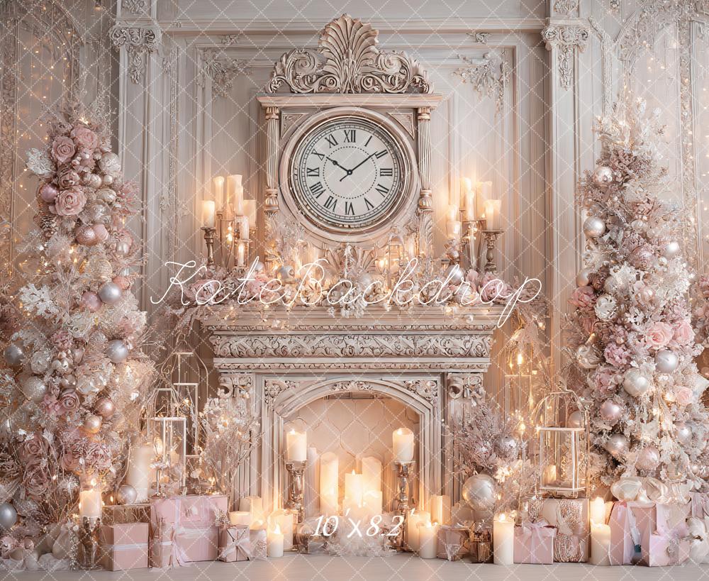 Kate Christmas Pink Trees Fireplace Clock Backdrop Designed by Ashley Paul