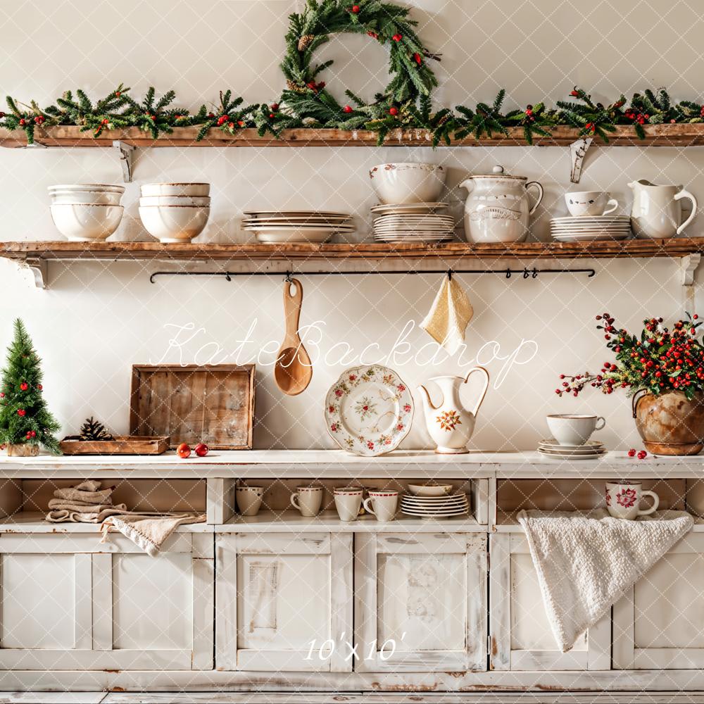 Kate Christmas Kitchen Shelves Rustic Decor Backdrop Designed by Emetselch - Kate Backdrop AU