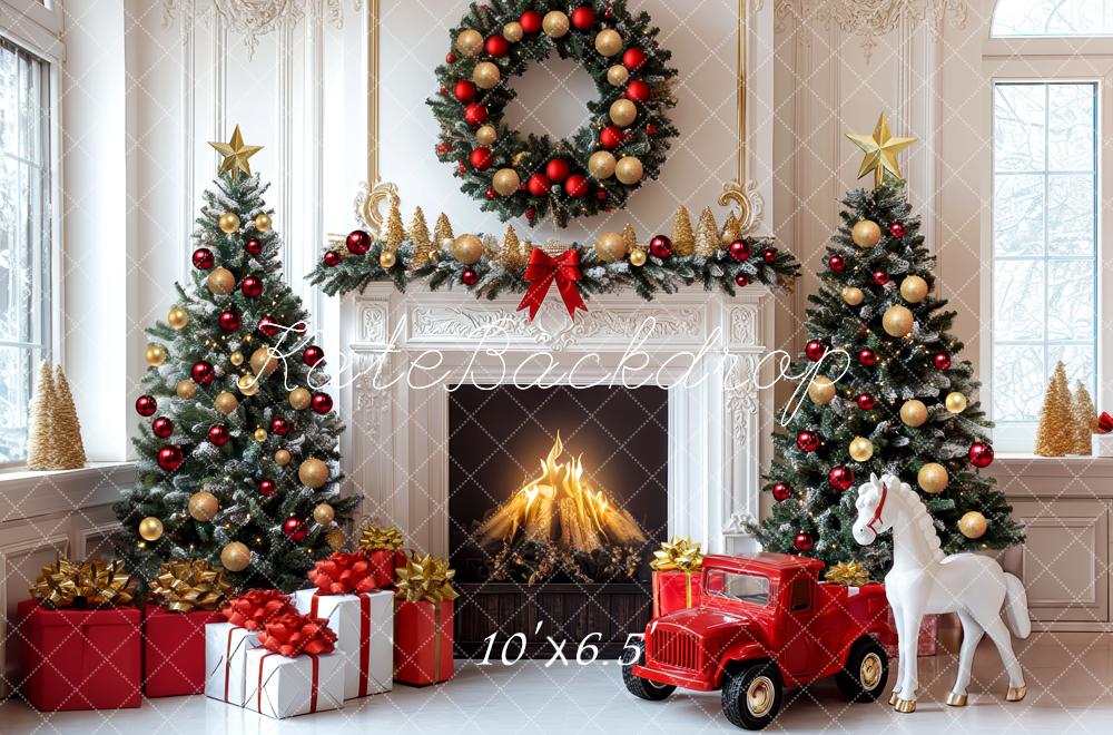 Kate Christmas Fireplace Trees Wreath Presents Backdrop Designed by Mini MakeBelieve - Kate Backdrop AU