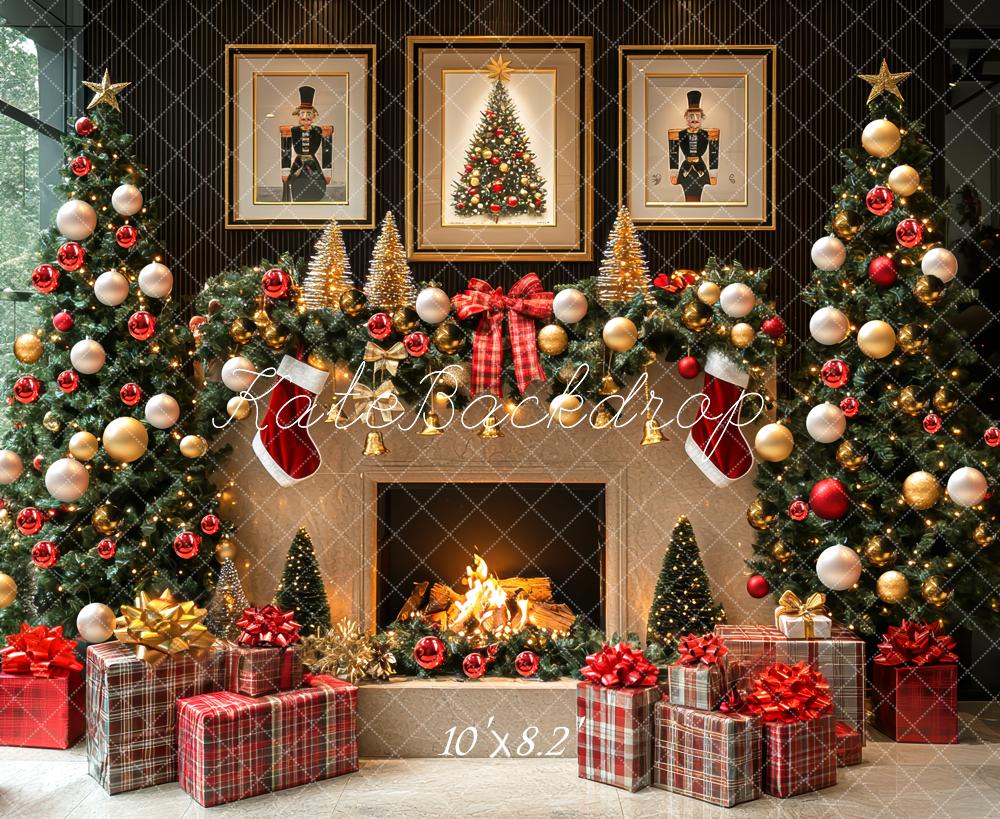 Kate Christmas Fireplace Trees Presents Backdrop Designed by Mini MakeBelieve - Kate Backdrop AU