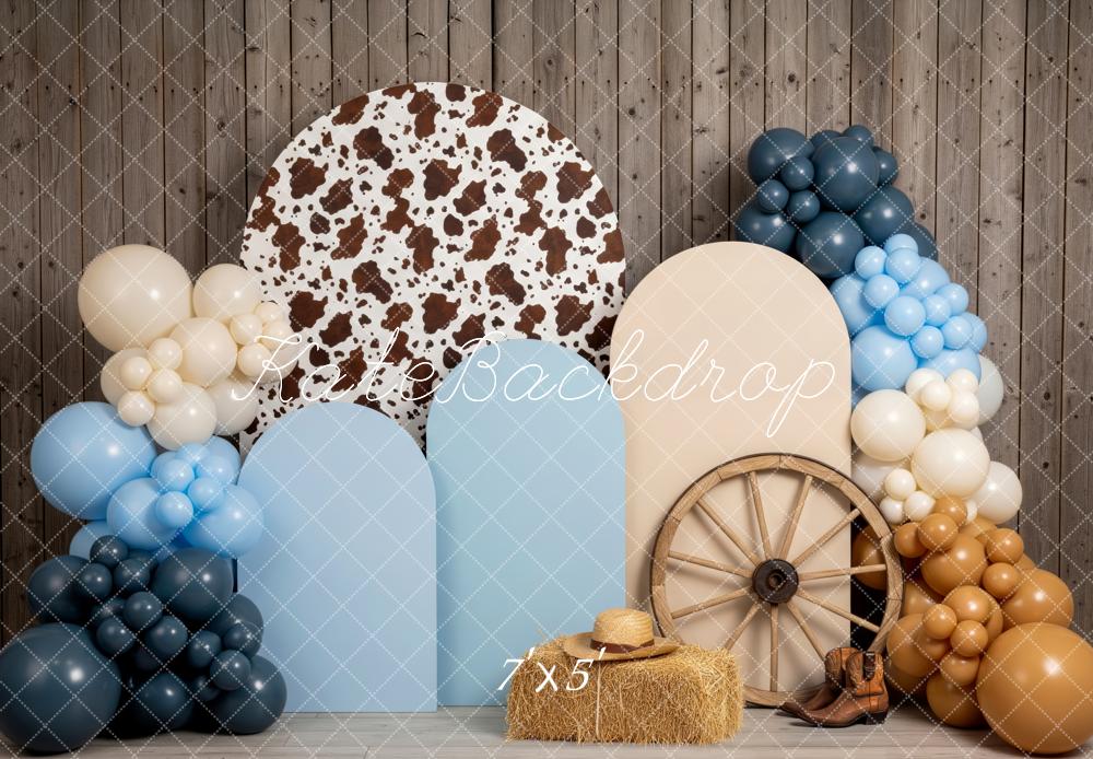 Kate Western Cow Balloons Hay Bale Backdrop Designed by Patty Roberts - Kate Backdrop AU