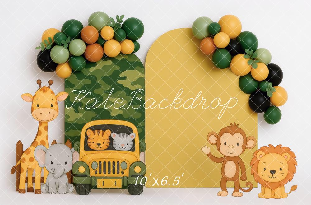 Kate Jungle Animals Jeep Camouflage Balloons Backdrop Designed by Mini MakeBelieve