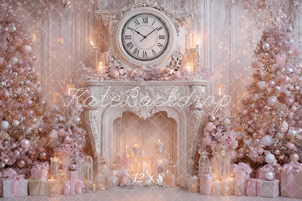 Kate Christmas Pink Trees Fireplace Clock Backdrop Designed by Ashley Paul