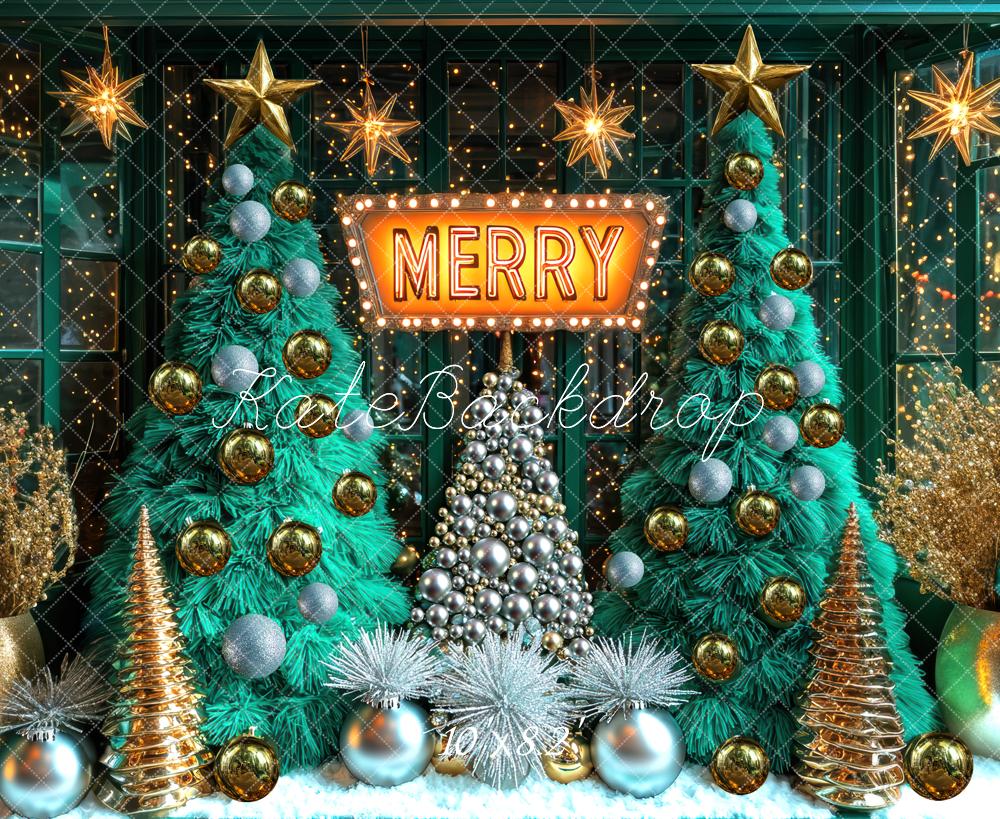 Kate Christmas Trees Merry Sign Gold Ornaments Backdrop Designed by Mini MakeBelieve - Kate Backdrop AU