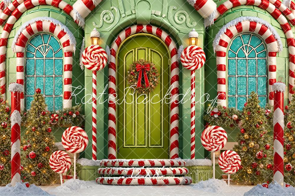 Kate Christmas Candy Cane House Lollipops Fleece Backdrop Designed by Emetselch