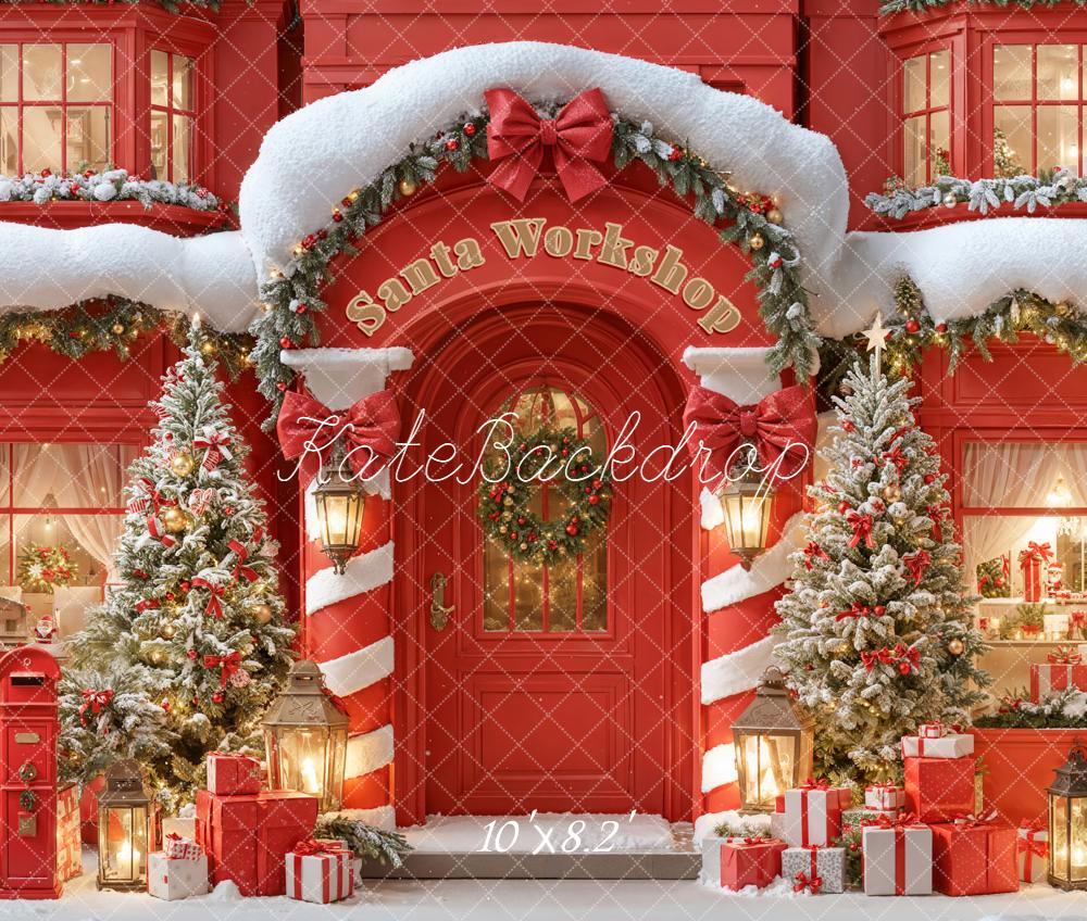 Kate Christmas Santa Workshop Snowy Trees Fleece Backdrop Designed by Emetselch