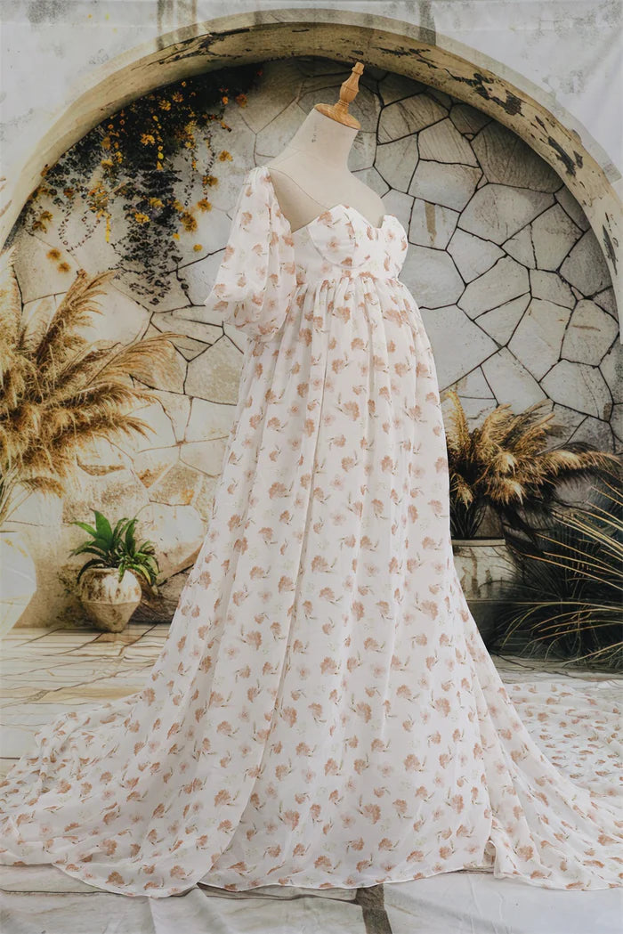 Kate Chiffon Flower Printed White Maternity Photoshoot Dress - Kate Backdrop AU