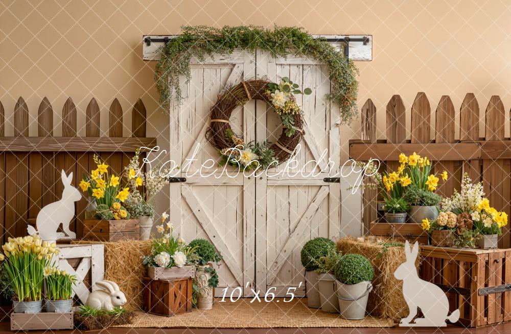 Kate Easter Bunny Flowers Barn Door Fleece Backdrop Designed by Emetselch