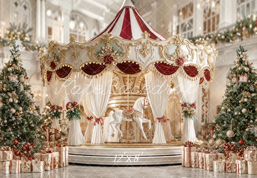 Kate Christmas Carousel Tree Presents Fleece Backdrop Designed by Emetselch