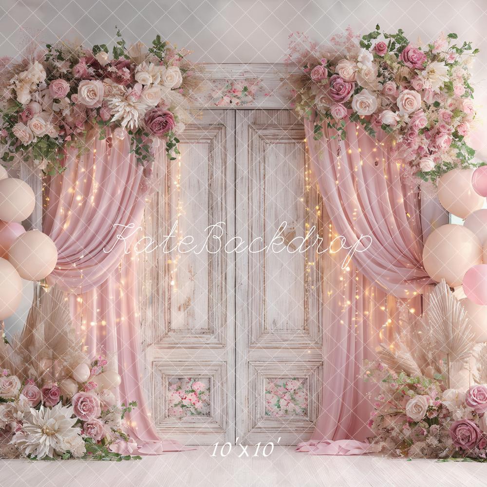 Lightning Deals-C1 Kate Wedding Pink Flower Balloons Retro Door Backdrop Designed by Ashley Paul