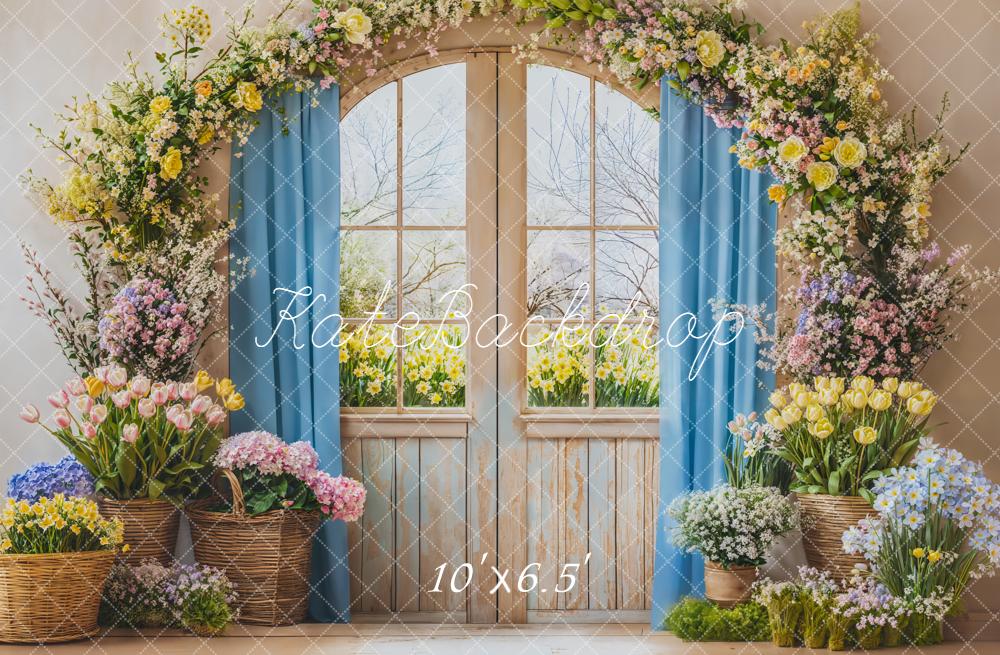 Kate Flower Arch Spring Blue Curtains Fleece Backdrop Designed by Emetselch