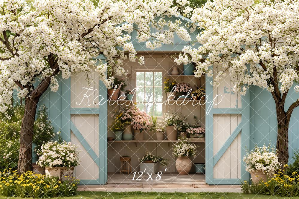 Kate Spring Flower Shed Blossoms Blue Fleece Backdrop Designed by Emetselch