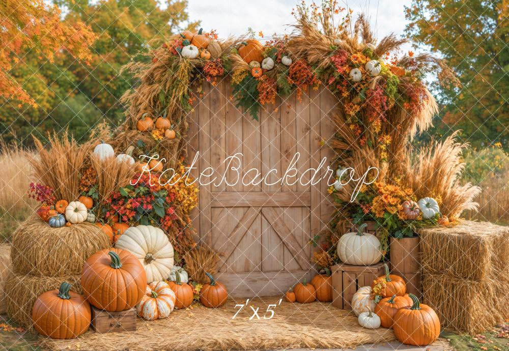 Kate Autumn Backdrop Pumpkins Hay Bales Barn Door Designed by Emetselch - Kate Backdrop AU