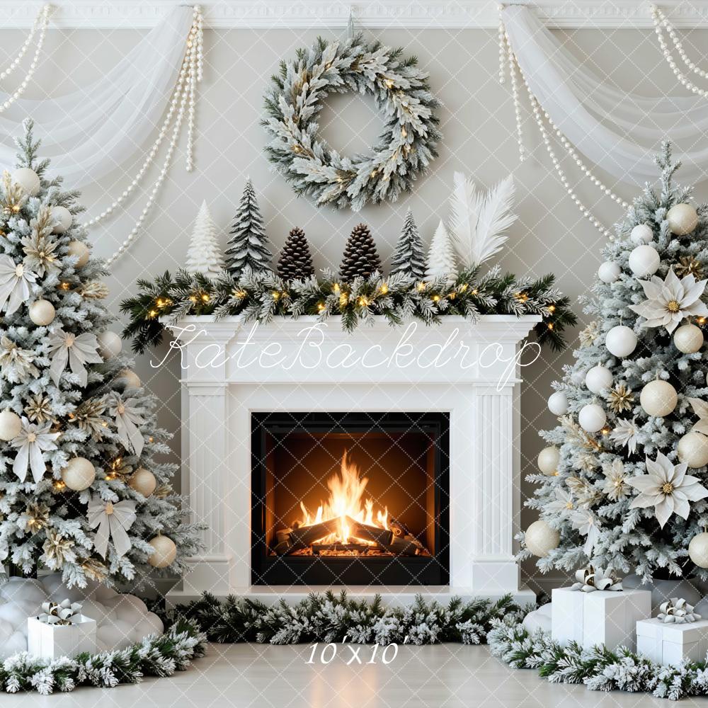Kate Christmas Fireplace Snowy Trees Backdrop Designed by Mini MakeBelieve