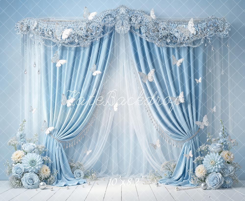 Kate Blue Curtain Floral Butterfly Elegant Backdrop Designed by Emetselch