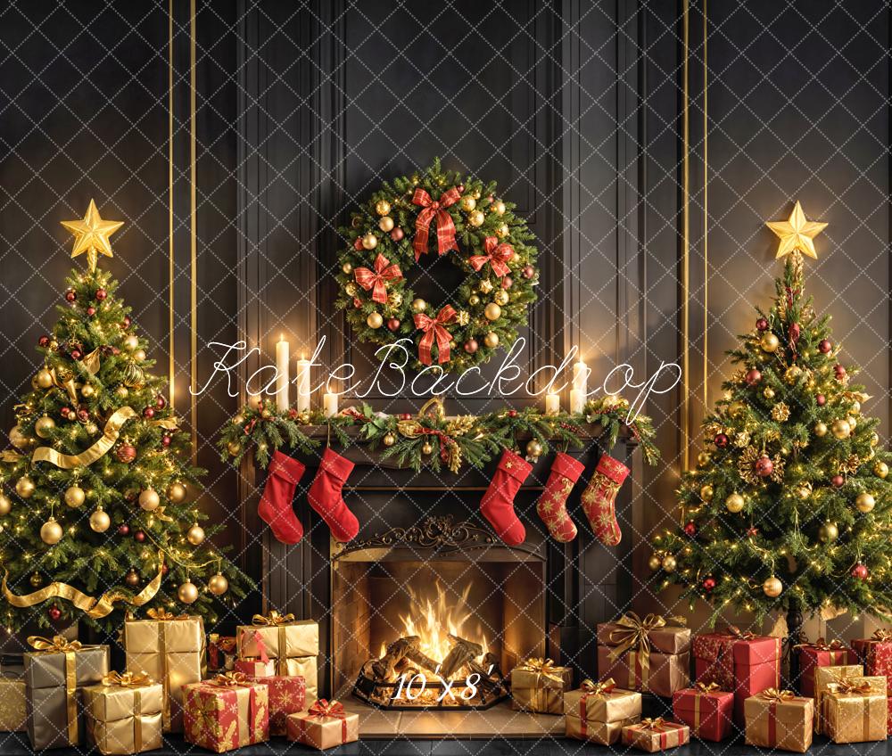 Kate Christmas Fireplace Trees Wreath Fleece Backdrop Designed by Emetselch - Kate Backdrop AU