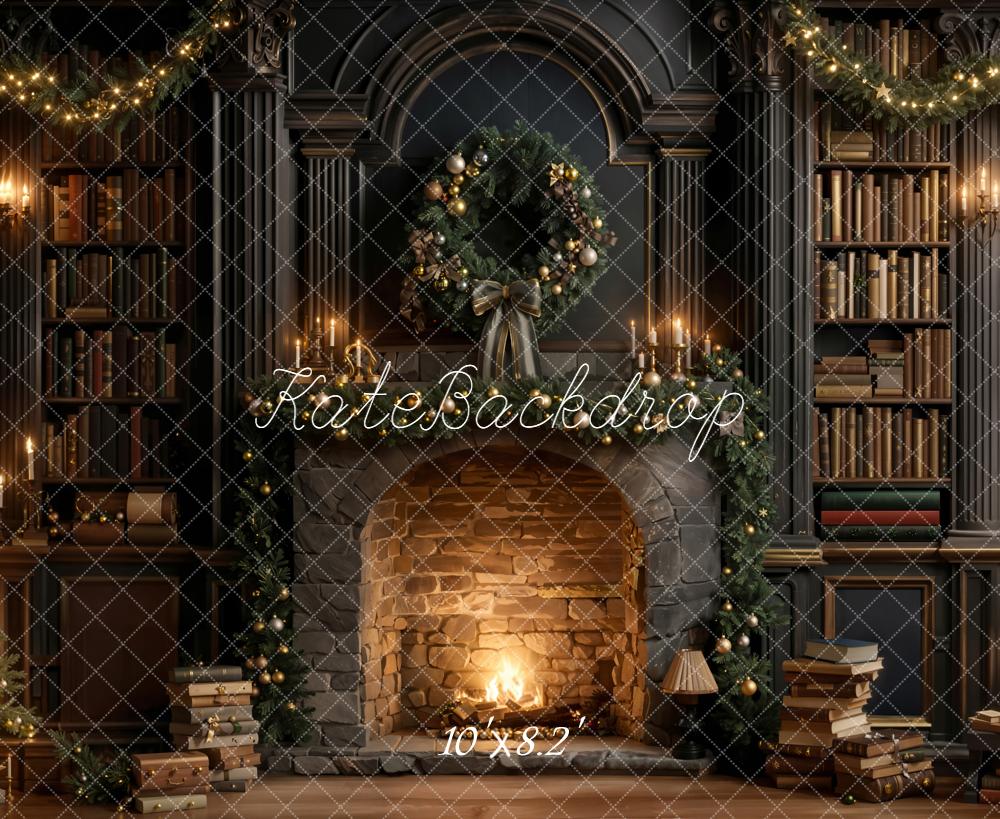 Kate Christmas Fireplace Bookshelves Backdrop Designed by Emetselch - Kate Backdrop AU