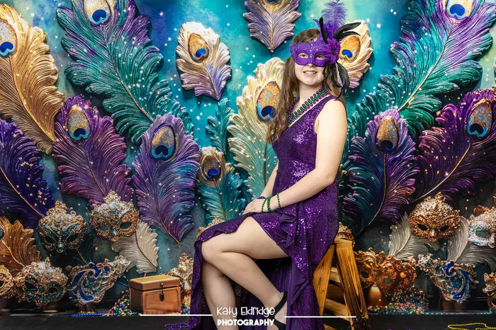 Kate Mardi Gras Peacock Feather Mask Wall Backdrop Designed by Mini MakeBelieve - Kate Backdrop AU