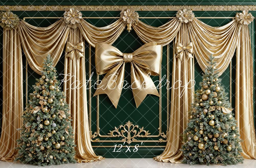 Kate Christmas Gold Drapes Bow Trees Fleece Backdrop Designed by Emetselch