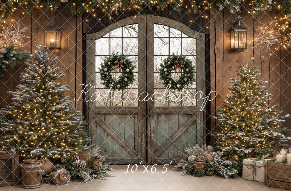 Kate Christmas Barn Door Garland Trees Backdrop Designed by Emetselch - Kate Backdrop AU