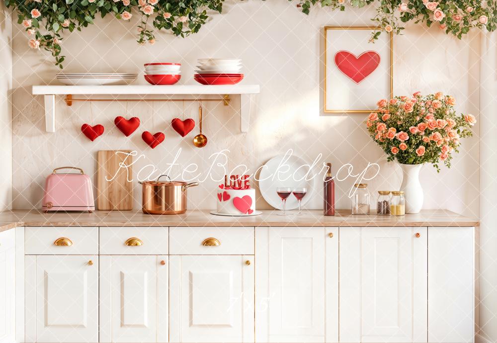 Kate Valentine Kitchen Red Hearts Backdrop Designed by Emetselch