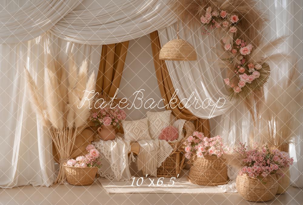 Kate Boho Pampas Grass Pink Flowers Fleece Backdrop Designed by Emetselch