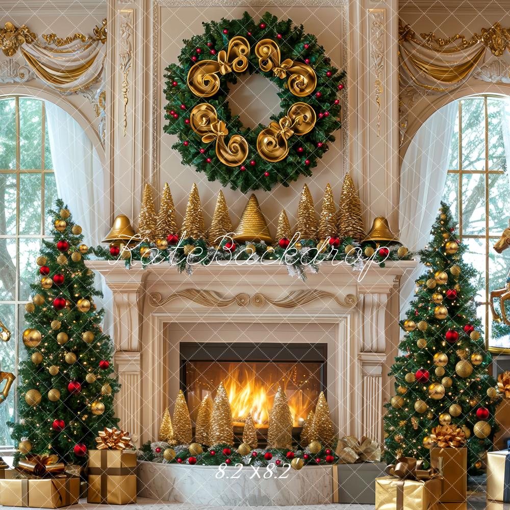 Kate Christmas Fireplace Wreath Carousel Trees Backdrop Designed by Mini MakeBelieve