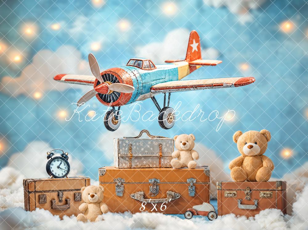 Kate Aeroplane Clouds Teddy Bears Suitcases Backdrop Designed by Emetselch