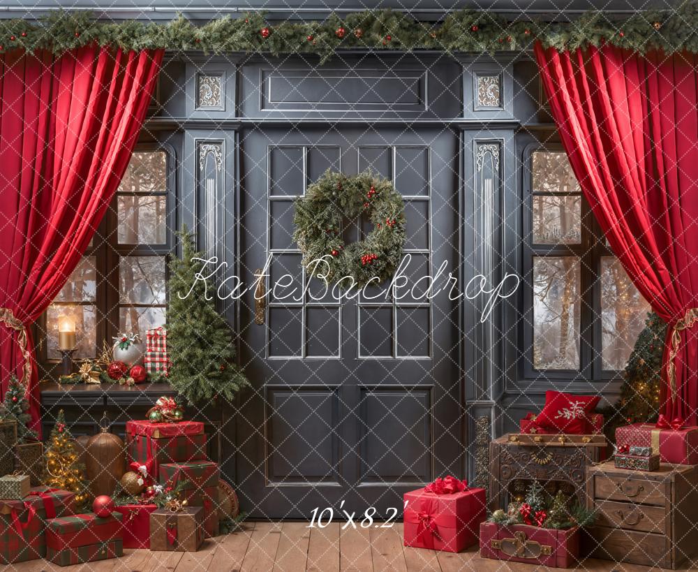 Kate Christmas Door Red Curtains Backdrop Designed by Emetselch