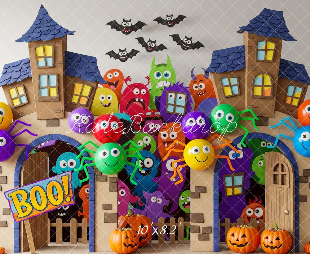 Kate Halloween Haunted House Backdrop Cartoon Monsters Spiders Pumpkins Designed by Patty Roberts