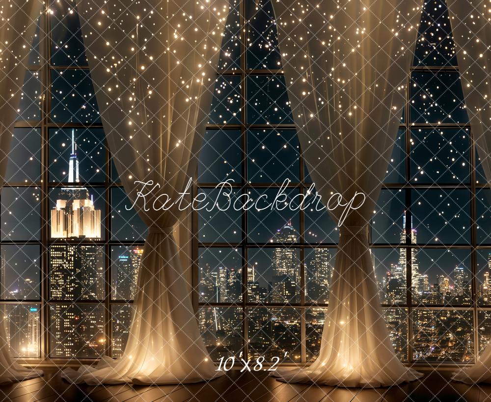 Kate City Night Window Curtains Lights Fleece Backdrop Designed by Chain