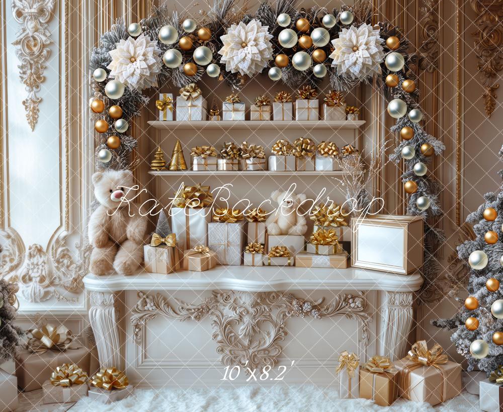 Kate Christmas Gold White Presents Shelf Garland Backdrop Designed by Mini MakeBelieve - Kate Backdrop AU