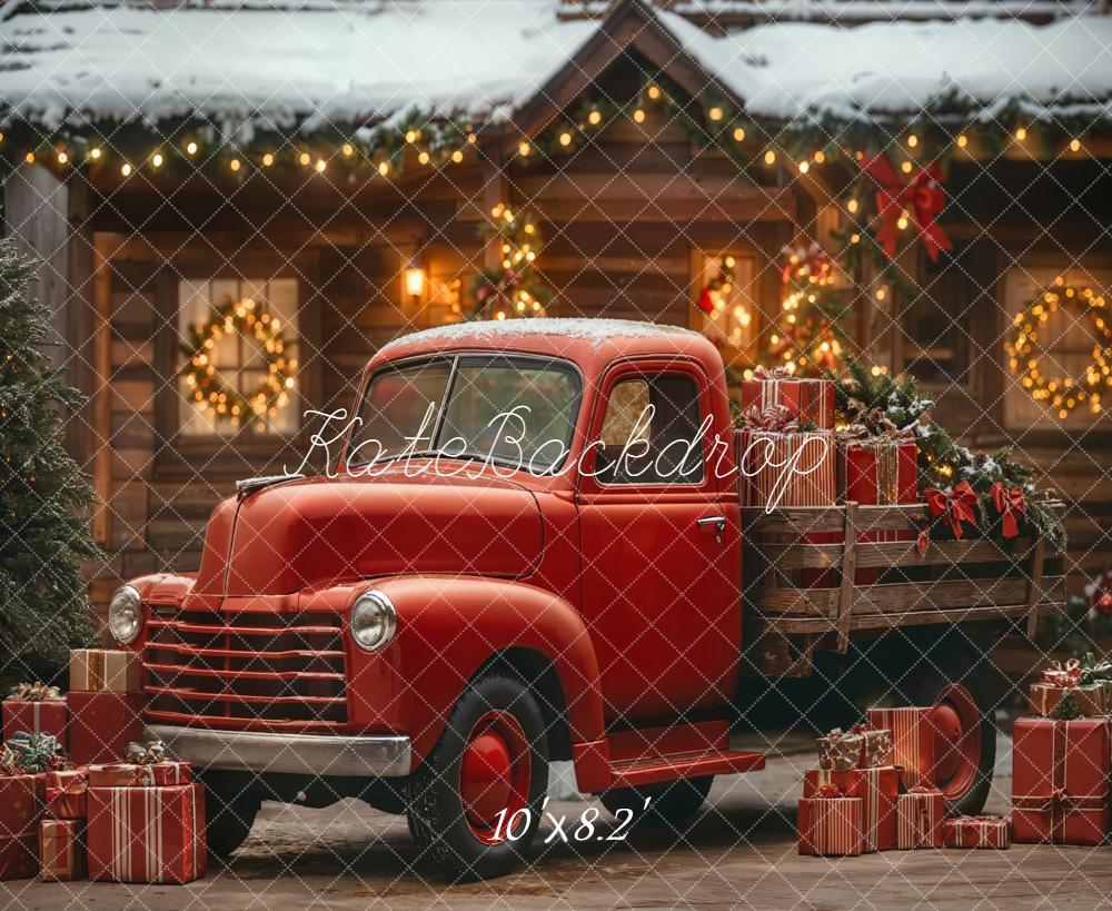Kate Christmas Truck Red Cabin Snow Backdrop Designed by Emetselch - Kate Backdrop AU