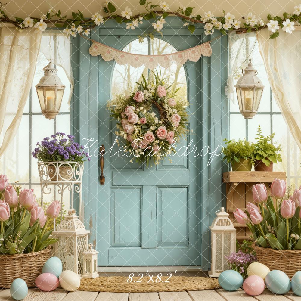 Kate Easter Eggs Floral Blue Door Backdrop Designed by Emetselch