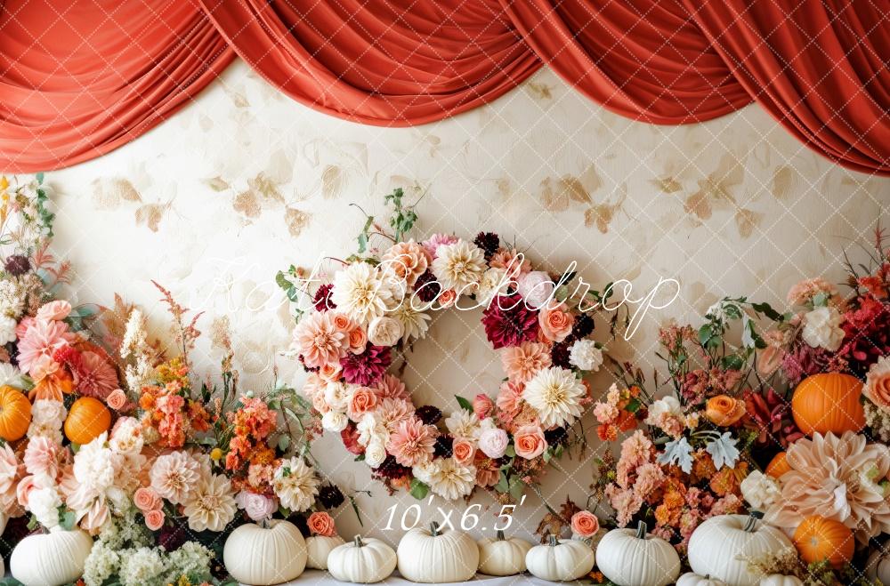 Kate Autumn Flowers Pumpkins Red Drapes Backdrop Designed by Patty Roberts
