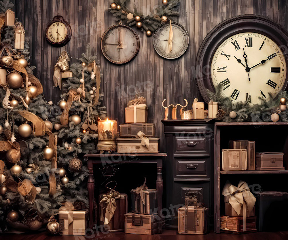 Kate Christmas Tree Clocks Gifts Wood Backdrop Designed by Emetselch - Kate Backdrop AU