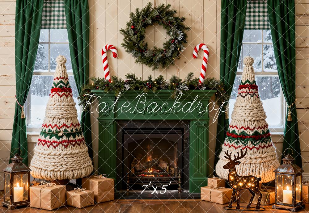 Kate Christmas Fireplace Knitted Trees Wreath Backdrop Designed by Emetselch